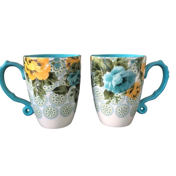Pioneer Woman ROSE SHADOW Teal Floral Stoneware 24oz Jumbo Latte Cups Mugs Set 2 - Picture 3 of 7